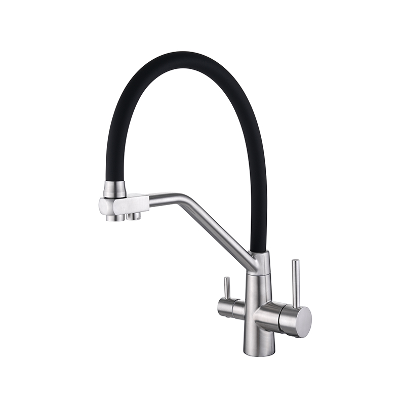 How does a brushed surface treatment enhance the fingerprint and scratch resistance of a double-handle kitchen faucet?